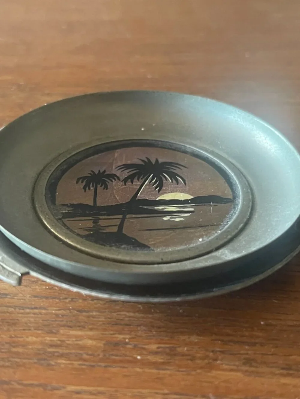 Art Deco Butterfly Reverse Painted Glass Pewter Fish Ash Tray